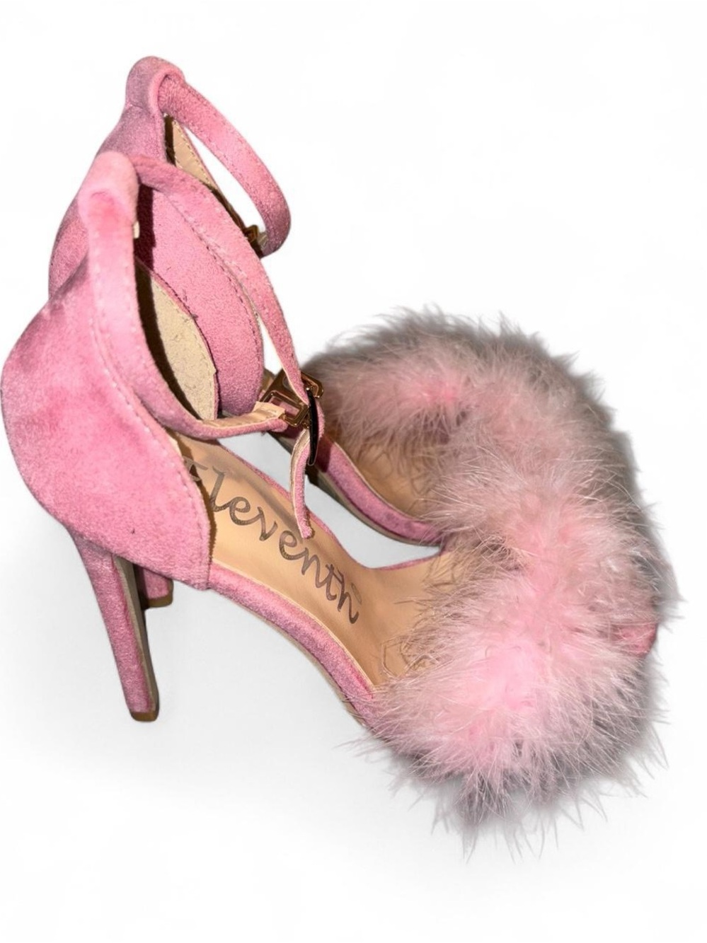 Pink Feather-Trim Ankle-Strap Heels - Picture 2 of 7